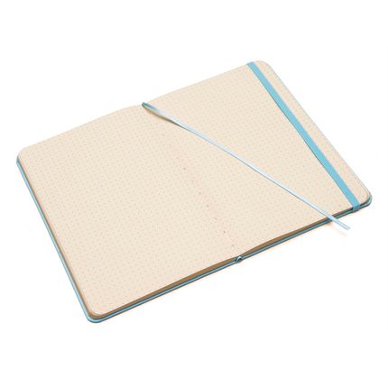 Caderneta clássica azul pastel aberta com folhas pontas