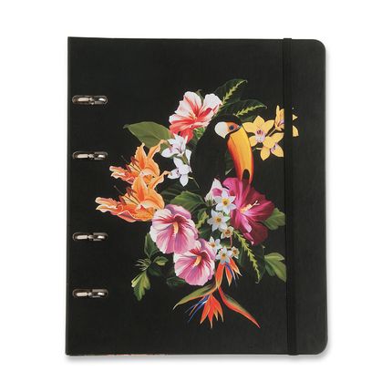 Caderno criativo fundo preto com ilustração de tucano e flores coloridas