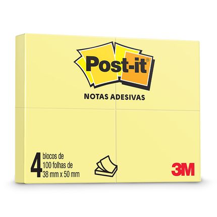 Bloco Post-it de Notas Adesivas - Amarelo - 4 Blocos - 38 mm x 50 mm